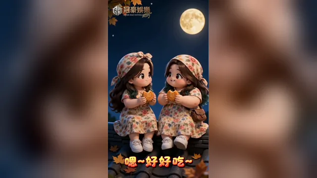 兩位花裙女孩坐在滿月下分享月餅的 AI 中秋動畫畫面