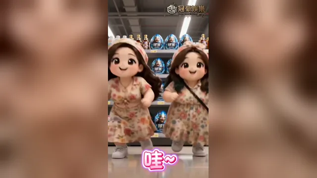 花裙女孩站在擺滿冠豪娛樂主題商品的賣場貨架前